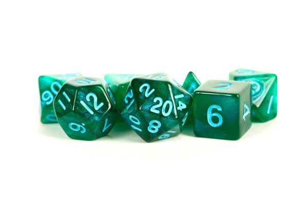16mm Acrylic Stardust Poly Dice Set: Green/Blue Numbers (7)