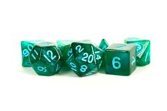 16mm Acrylic Stardust Poly Dice Set: Green/Blue Numbers (7)