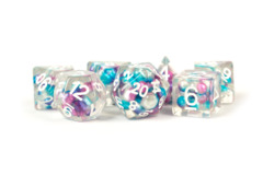 Pearl Resin 16mm Poly Dice Set: Gradient Purple/Teal/White Numbers (7)