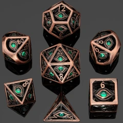 Ancient Copper with Emerald Green Gems Dragon's Eye Hollow Metal Dice Set - Hymgho