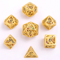 Matte Gold Dragon Gem Encased Hollow 7 Piece Metal Dice Set (Hymgho)