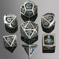 Ancient Silver with Lab Created Sapphire Blue Gems Dragon's Eye Metal Dice Set (Hymgho)