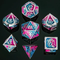 7 Piece Polyhedral Metal Silver w/ Pink & Blue Dragon Dice Set - Hymgho
