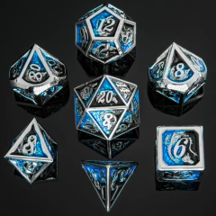 Silver with Black and Blue Dragon Solid Metal Dice Set (Hymgho)