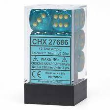 12 Borealis Teal w/Gold 16mm d6 Dice Block - CHX27686