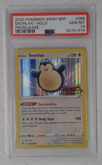 V0459: 2020: Snorlax: SWSH068: Prerelease: Holo Promo: PSA: 10: GEM MT: 62751374